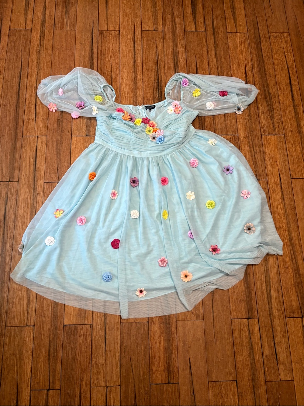 Eloquii Mini Dress Size 22 Light Blue Off Shoulder Sheer Tulle Mutli 3D Flowers - Picture 2 of 9